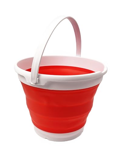 Collapsible Plastic Bucket - Pop up Saving - by SAMMART (White/Coral Pink, Round, 10L)