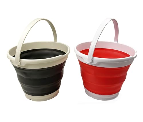 Collapsible Plastic Bucket - Pop up Saving - by SAMMART (Washed Black+Coral Pink (Set of 2), Round, 10L)