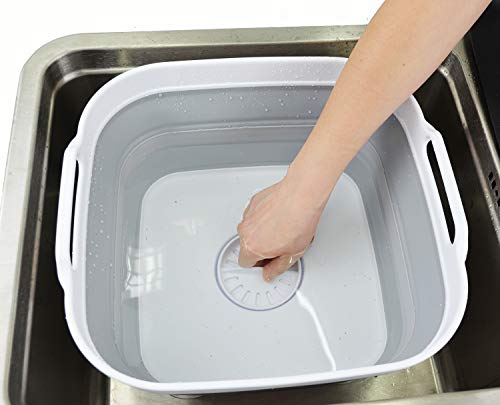 SAMMART 10L (2.64 Gallon) Collapsible Dishpan with Draining Plug - Foldable Washing Basin - Portable Dish Washing Tub - Space Saving Kitchen Storage Tray