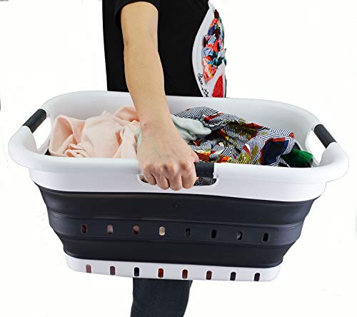 SAMMART 41L (10.8 gallon) Set of 2 Collapsible 3 Handled Plastic Laundry Basket-Foldable Pop Up Storage Container/Organizer-Portable Washing Tub-Space Saving Hamper/Basket