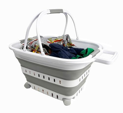 SAMMART 35L (9.24 Gallons) Collapsible Plastic Laundry Basket with Handle and Wheels - Foldable Pop Up Storage Container/Organizer with handle and wheels - Space Saving