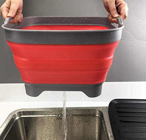 SAMMART 10L (2.64 Gallon) Collapsible Dishpan with Draining Plug - Foldable Washing Basin - Portable Dish Washing Tub - Space Saving Kitchen Storage Tray