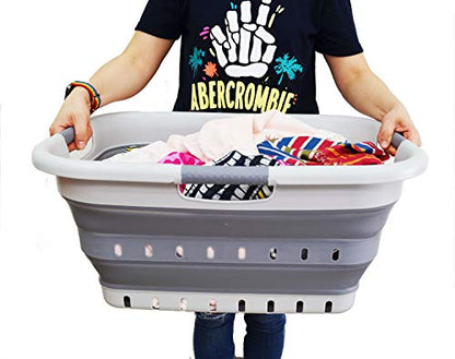 SAMMART 41L (10.8 gallon) Set of 2 Collapsible 3 Handled Plastic Laundry Basket-Foldable Pop Up Storage Container/Organizer-Portable Washing Tub-Space Saving Hamper/Basket