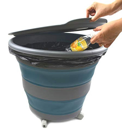 SAMMART 66L(17.4 Gallon) Collapsible Plastic Garbage Bin with Wheels & Removable Lid-Foldable Pop Up Container-Portable Washing Tub-Space Saving,Water Capacity 56L(14.8 Gallon)