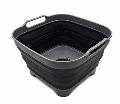 SAMMART 10L (2.64 Gallon) Collapsible Dishpan with Draining Plug - Foldable Washing Basin - Portable Dish Washing Tub - Space Saving Kitchen Storage Tray