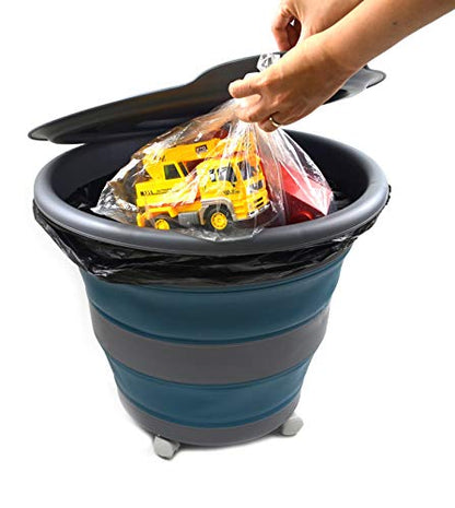 SAMMART 66L(17.4 Gallon) Collapsible Plastic Garbage Bin with Wheels & Removable Lid-Foldable Pop Up Container-Portable Washing Tub-Space Saving,Water Capacity 56L(14.8 Gallon)