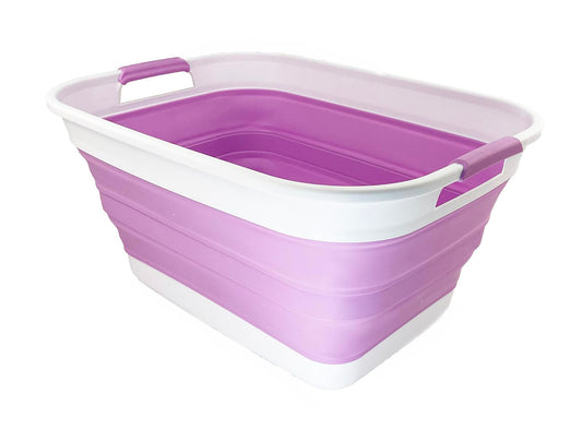 SAMMART 27L (7.1 Gallons) Collapsible Plastic Laundry Basket with Handle-Foldable Pop Up Storage Basket with handle (1, White/Pale Purple)