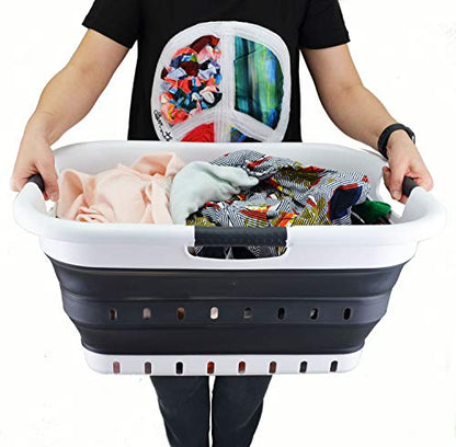 SAMMART 41L (10.8 gallon) Set of 2 Collapsible 3 Handled Plastic Laundry Basket-Foldable Pop Up Storage Container/Organizer-Portable Washing Tub-Space Saving Hamper/Basket