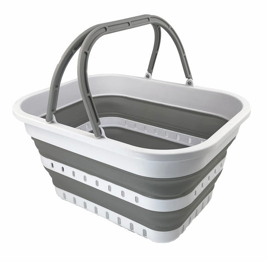 SAMMART Collpasible Shopping Basket 19L - Laundry Basket - Portable Outdoor Picnic Basket - Foldable Basket for Camping (White/Grey)