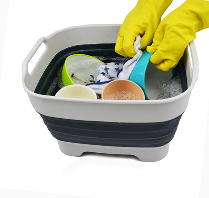 SAMMART 9L (2.37 Gallon) Collapsible Dishpan with Draining Plug- Foldable Washing Basin- Portable Dish Washing Tub - Space Saving, Water Capacity:7.5L(2 Gallon)