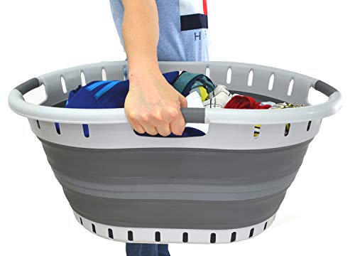 SAMMART 57L (15 Gallons) Collapsible 3-Handled Plastic Laundry Basket - Oval Tub - Portable Washing Tub-Space Saving Laundry Hamper, Water Capacity 44L / 11.6 Gallon (2 pcs - Oval, Dark Grey)