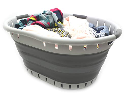 SAMMART 57L (15 Gallons) Collapsible 3-Handled Plastic Laundry Basket - Oval Tub - Portable Washing Tub-Space Saving Laundry Hamper, Water Capacity 44L / 11.6 Gallon (2 pcs - Oval, Dark Grey)